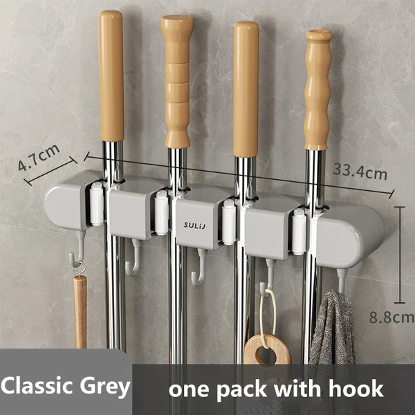 6 Slot & 6 Hook Wall Mounted Holder For Mop, Broom, Kitchen