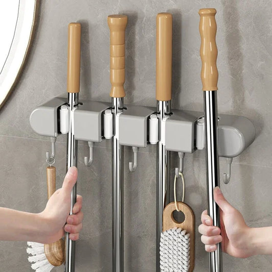 6 Slot & 6 Hook Wall Mounted Holder For Mop, Broom, Kitchen