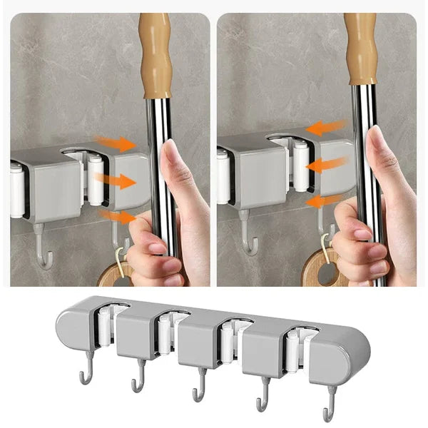 6 Slot & 6 Hook Wall Mounted Holder For Mop, Broom, Kitchen