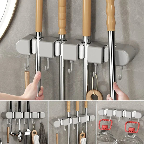 6 Slot & 6 Hook Wall Mounted Holder For Mop, Broom, Kitchen