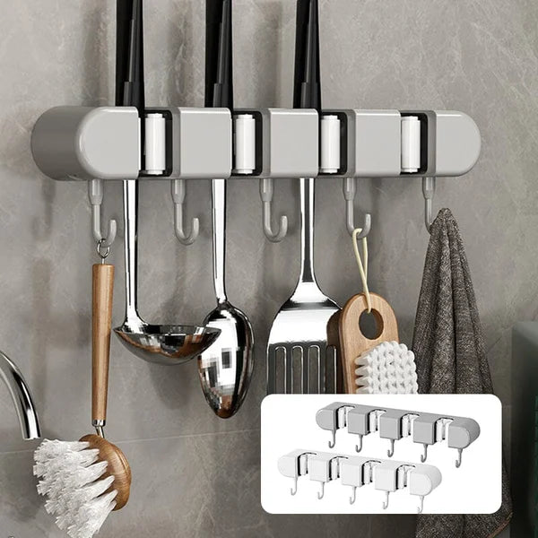 6 Slot & 6 Hook Wall Mounted Holder For Mop, Broom, Kitchen