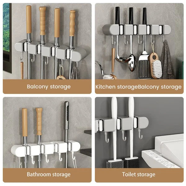 6 Slot & 6 Hook Wall Mounted Holder For Mop, Broom, Kitchen