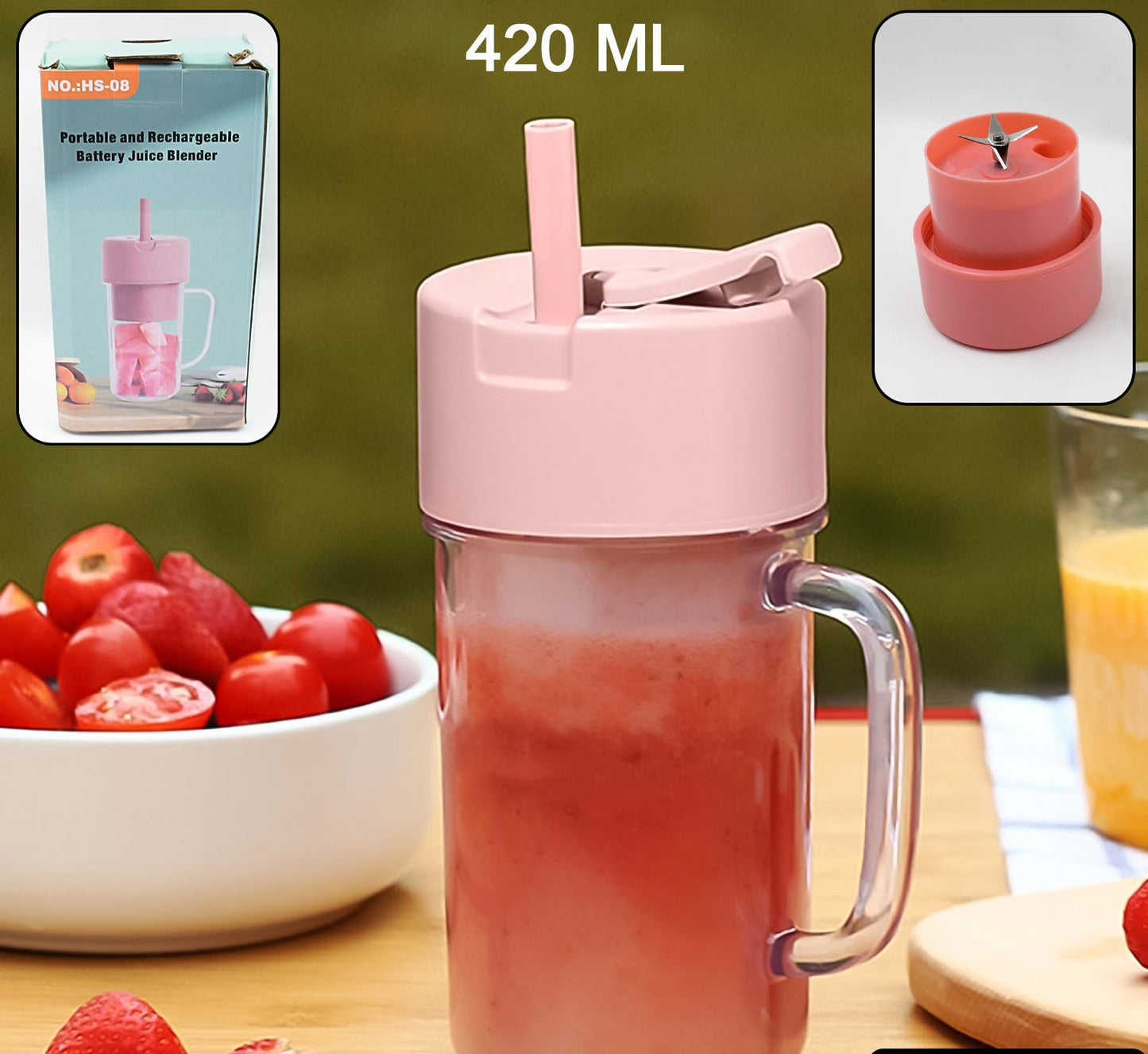 Portable Crusher Juicer With Handle  Straw Usb Rechargeable 6 Blades (420 Ml)